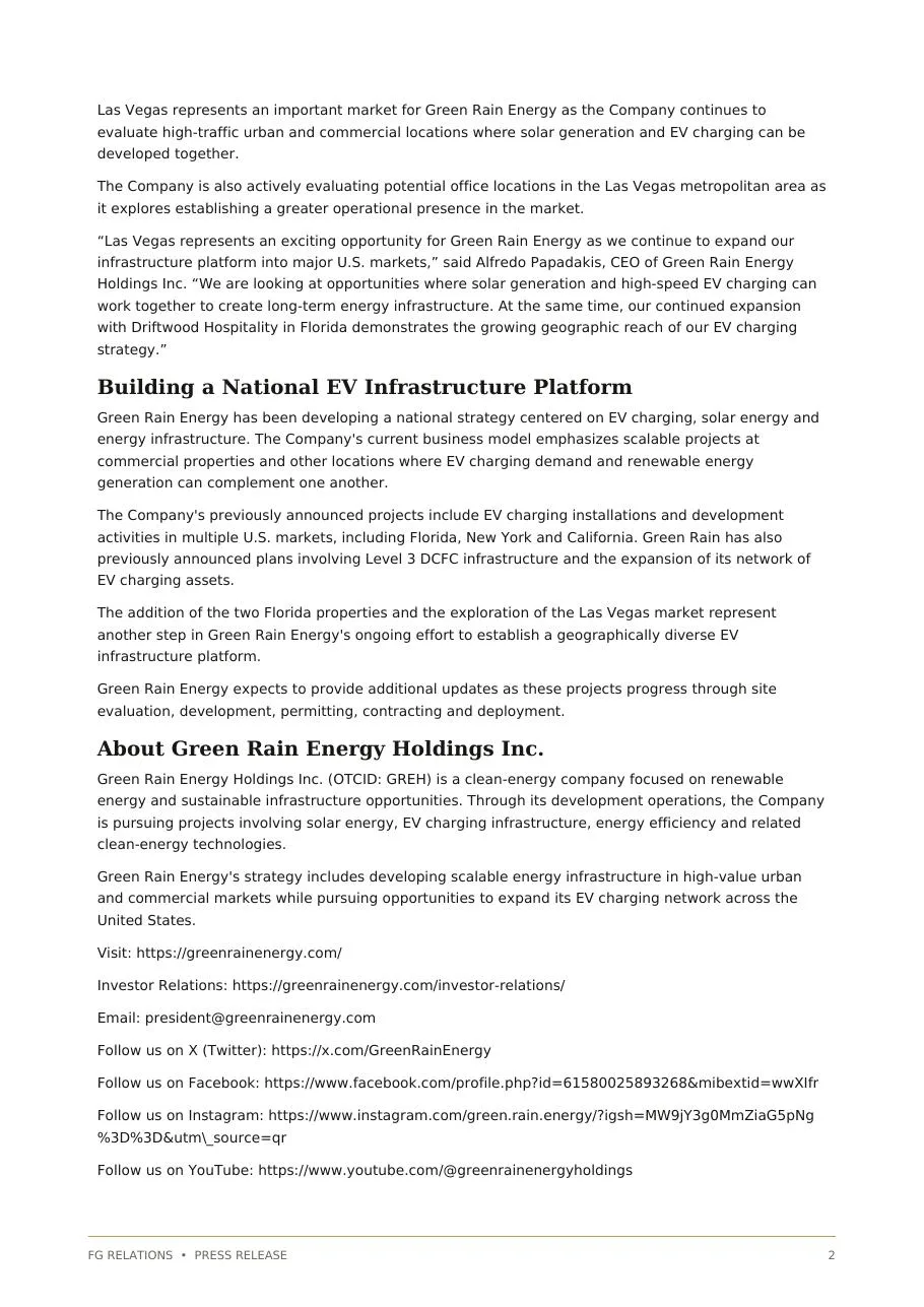 Green Rain Announces Driftwood Hospitality EV Charging Locations and Las Vegas Expansion, page 2