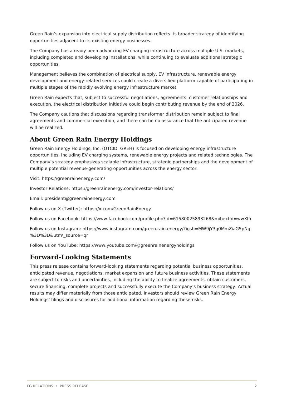 Green Rain Expands Into Electrical Supply Distribution Through Chronicle Electric Discussions, page 2