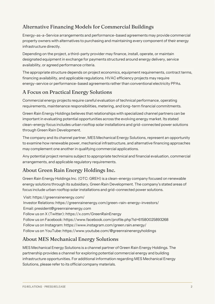 Green Rain Highlights Commercial Energy Opportunities Through Channel Partnership With MES Mechanical Energy Solutions, page 2